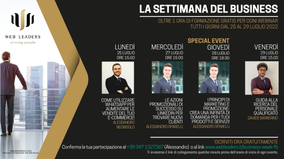 La settimana del business dal 25 luglio al 29 luglio, webinar gratuiti sul web marketing